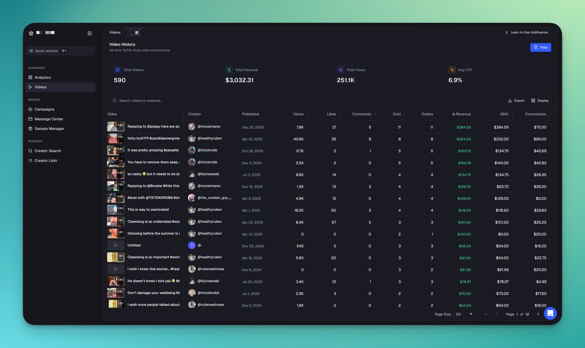 Video Analytics Dashboard showing video history with metrics like views, likes, comments, orders, revenue, and GMV