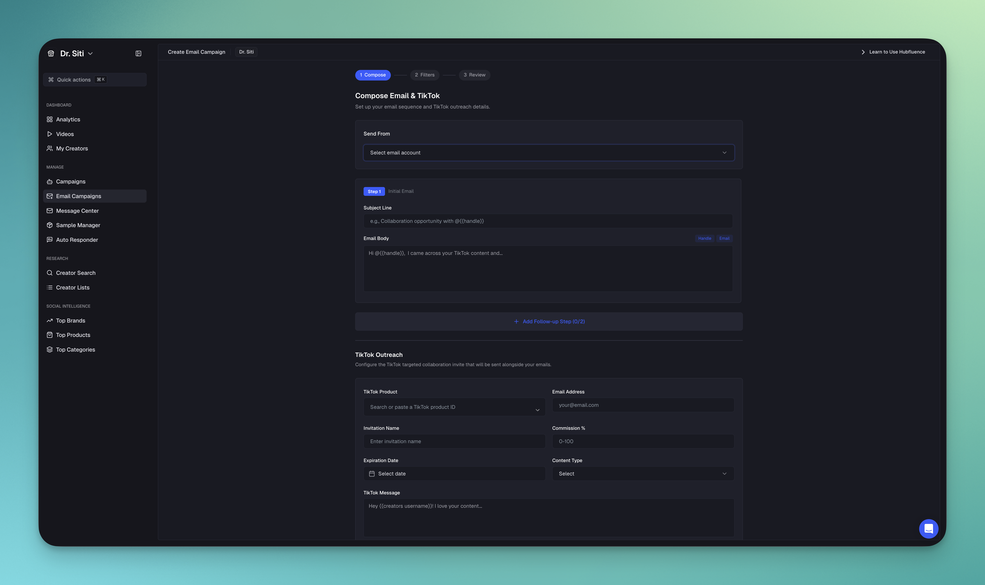 Email outreach campaign interface showing compose email and TikTok outreach features