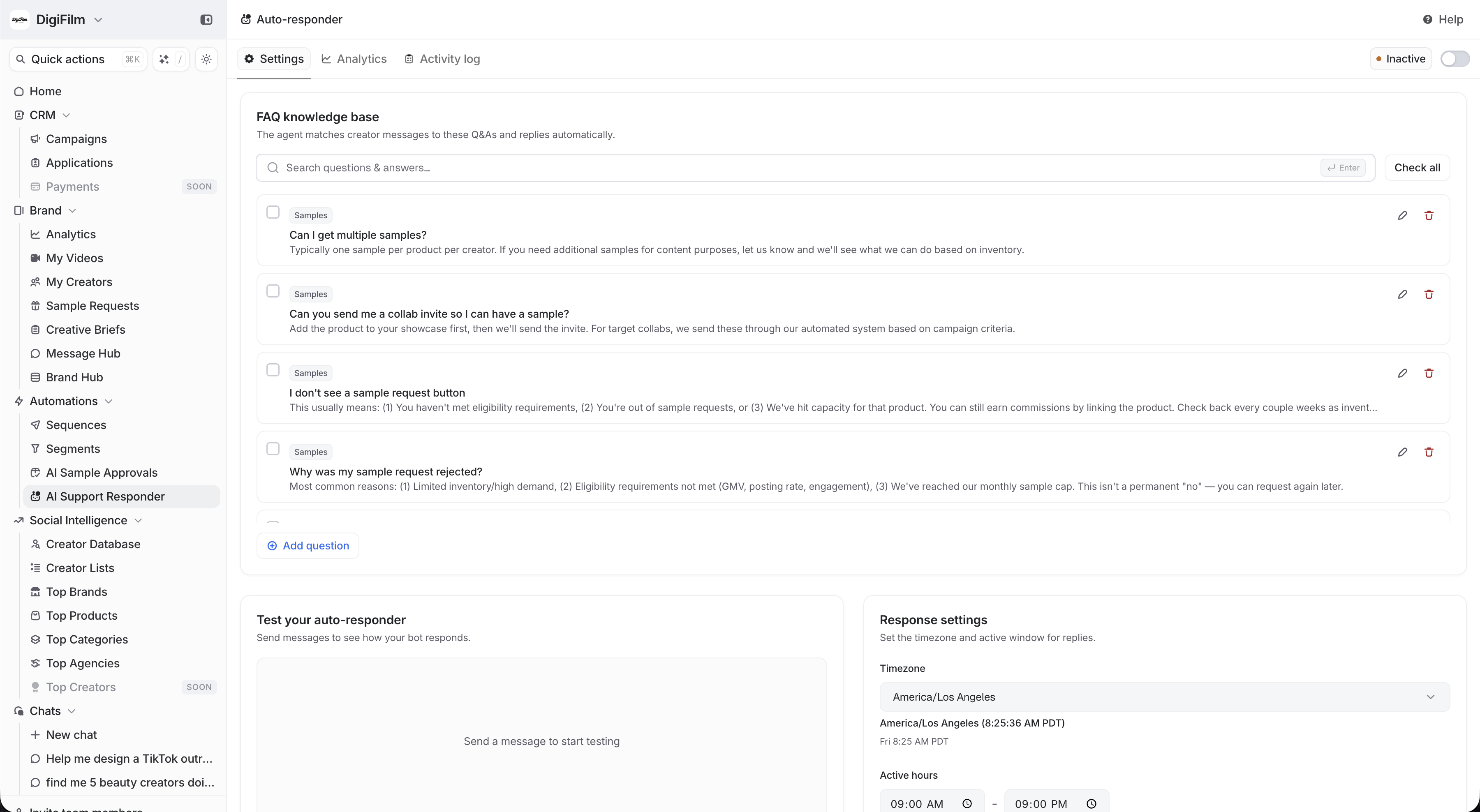 Auto Responder Agent interface showing FAQ knowledge base and automated reply settings